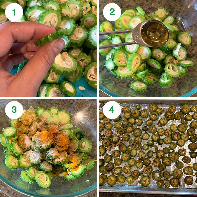 step by step picture collage of baking karela in the oven