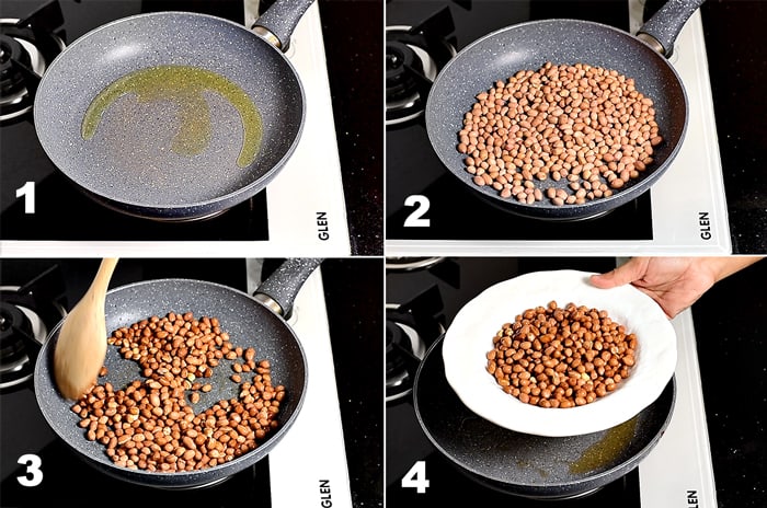 Step by Step picture collage of roasting peanuts in oil in pan.