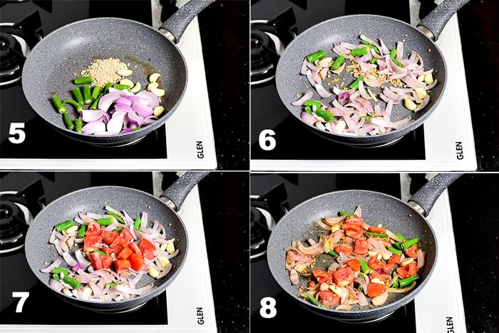 Step by Step picture collage of roasting onion, tomato, garlic, urad dal and green chilli in pan.