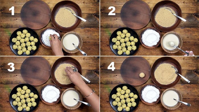 Step by step collage to coat the corn cheese balls.