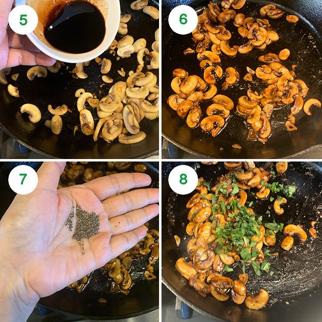 step by step picture collage of making balsamic mushrooms