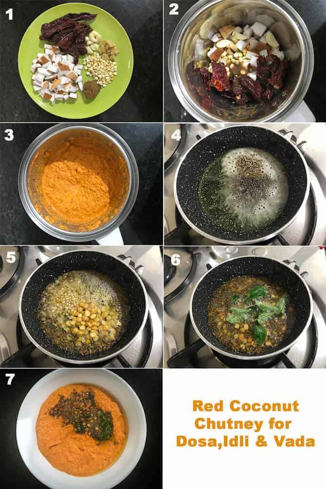 Step by step picture collage of making red coconut chutney.