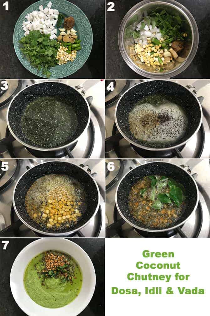 Step by Step picture collage of making green coconut chutney.