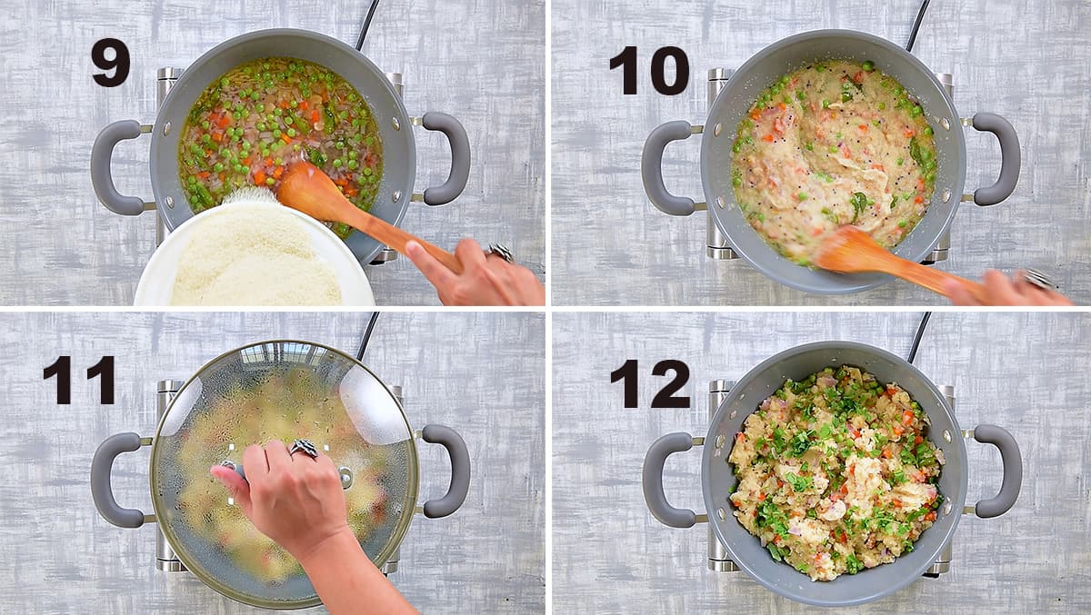 Step by step collage of making Rava Upma recipe on stove top.