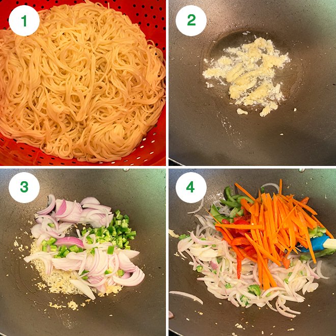 step by step picture collage of making chili garlic noodles