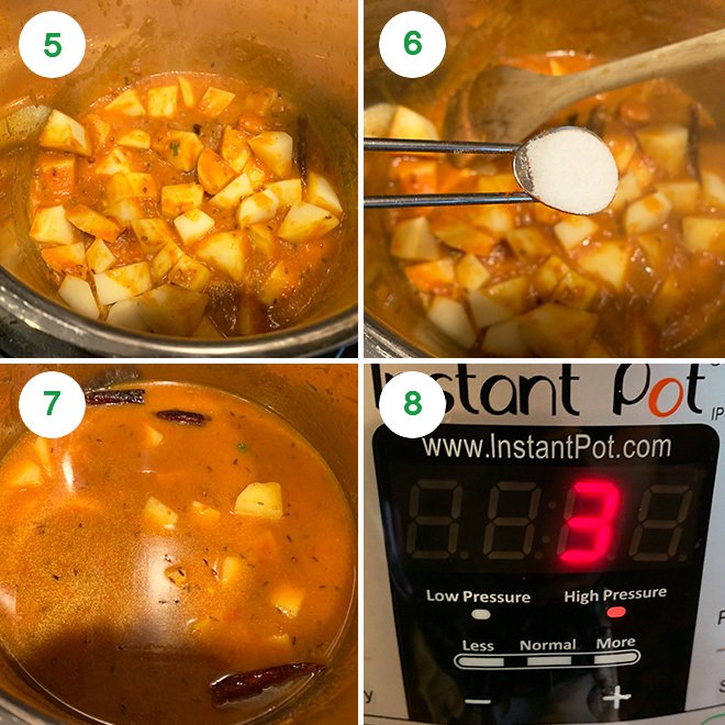 step by step picture collage of making aloo rasedar in instant pot
