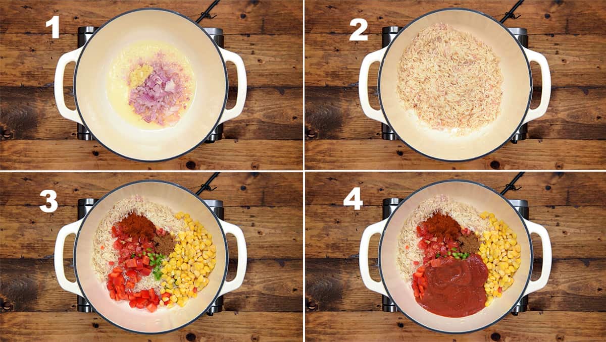 Step by step picture collage of making Mexican rice in dutch oven.