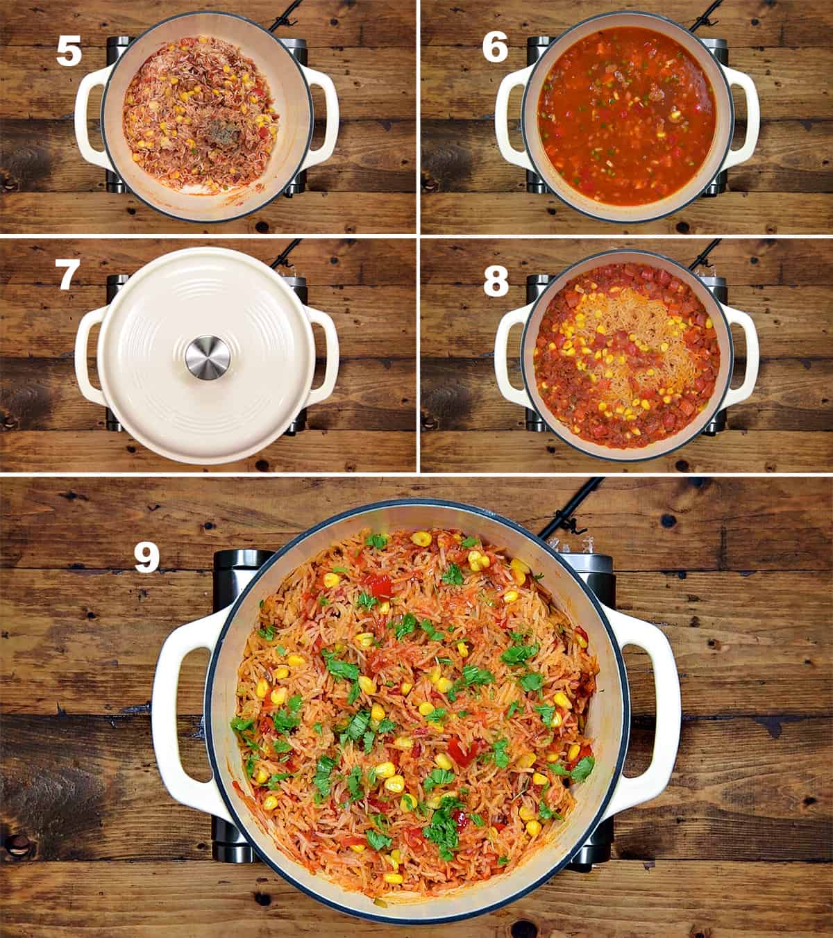 Step by step picture collage of making Mexican rice in dutch oven.