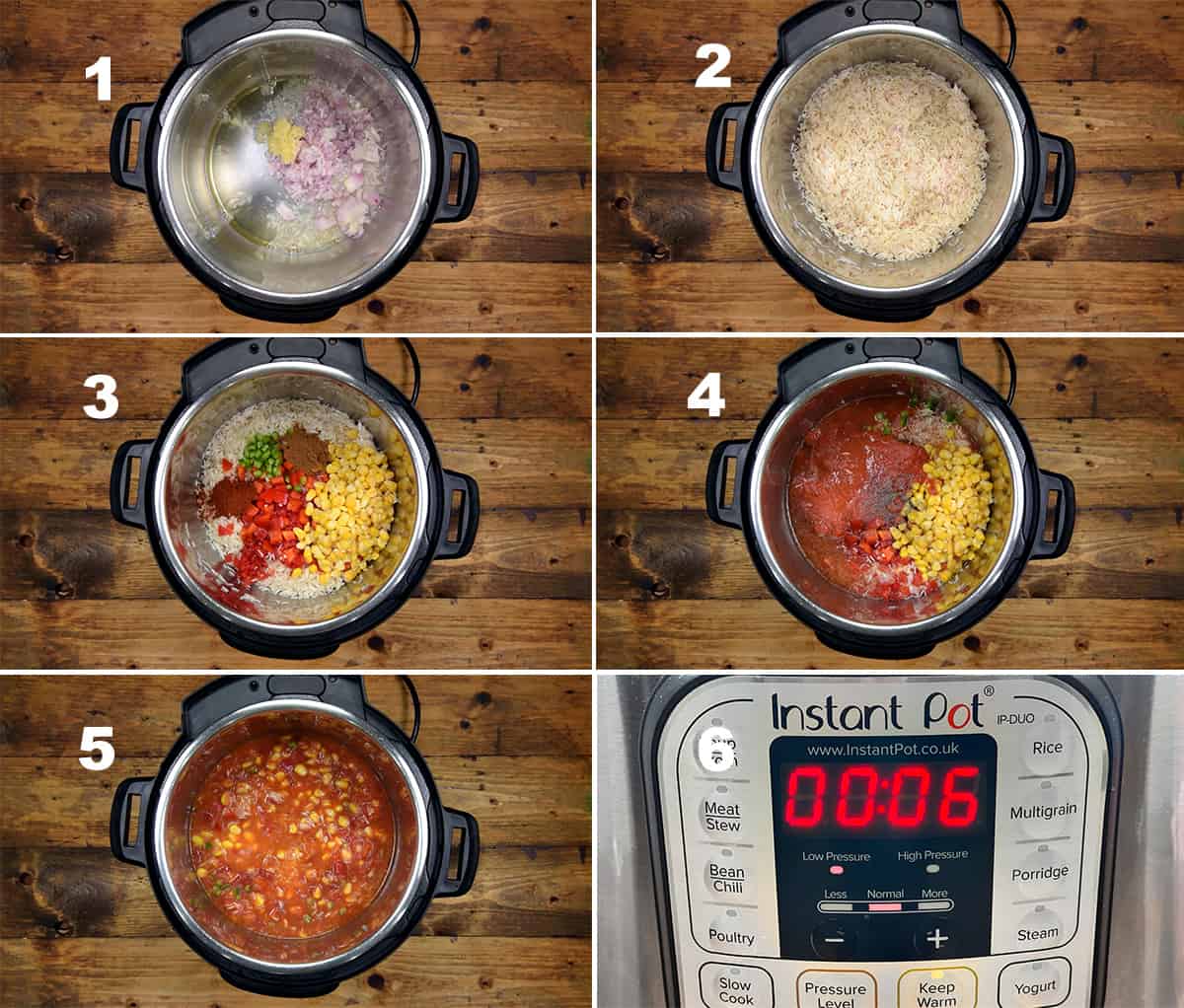 Step by step picture collage of making Mexican rice in Instant Pot.