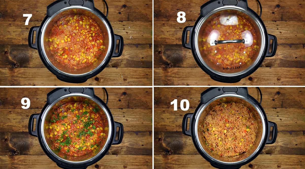 Step by step picture collage showing how to make Mexican rice in Instant Pot.