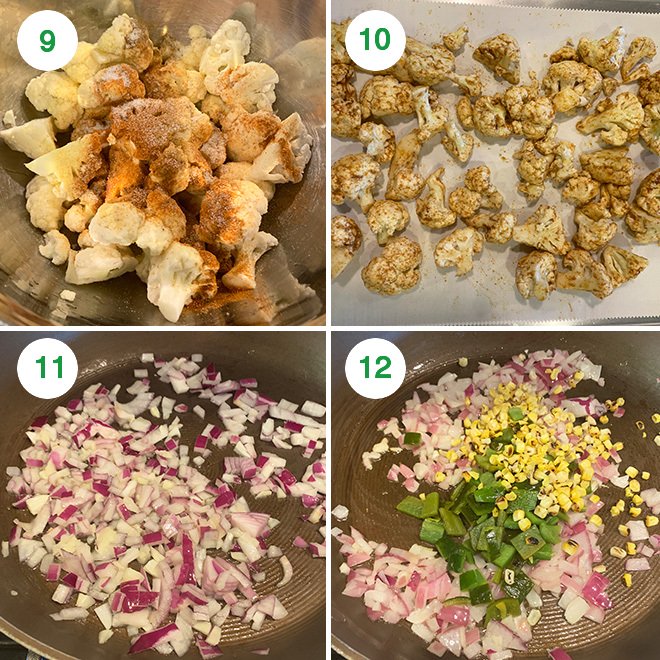 step by step picture collage of making cauliflower corn poblano tacos