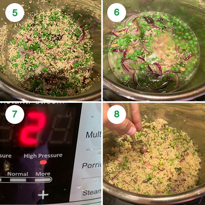 step by step picture collage of making quinoa matar pulao in instant pot